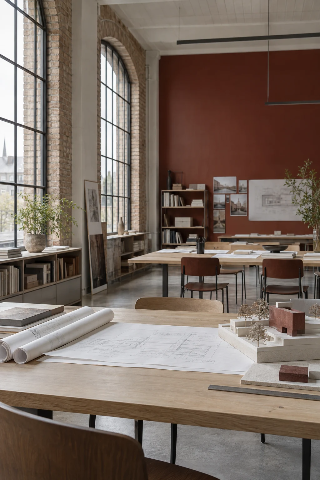 Architectural visualization of a light-filled studio with drawings and a study model