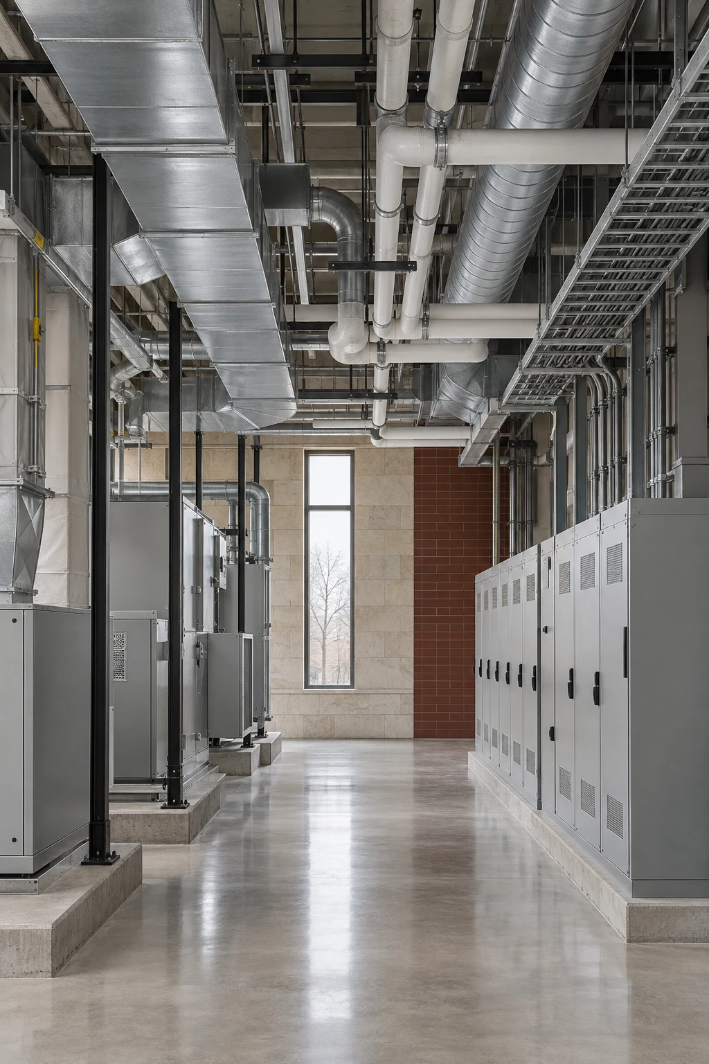 Architectural visualization of a coordinated mechanical and electrical room