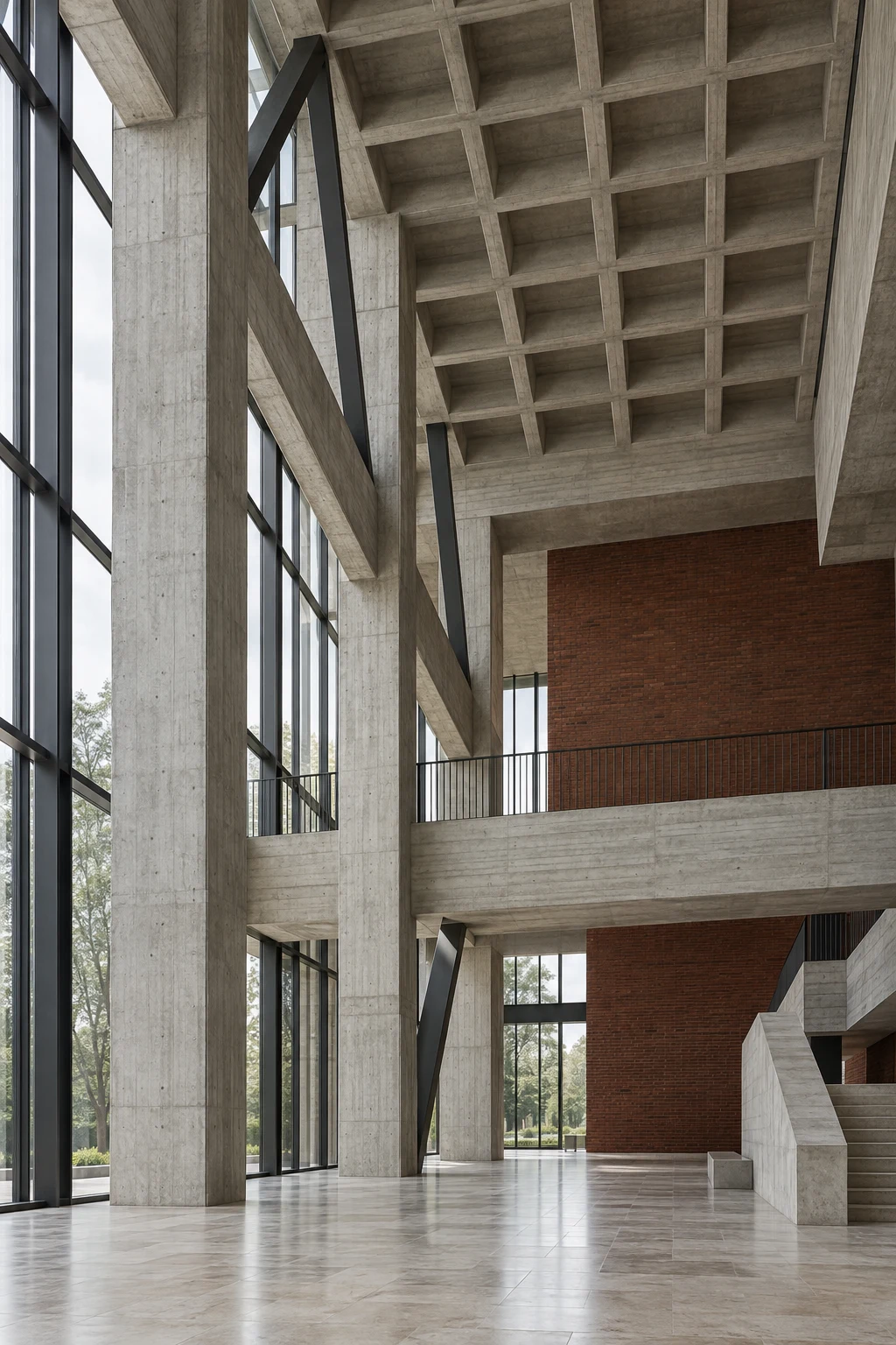 Architectural visualization of an exposed concrete frame with a coffered slab