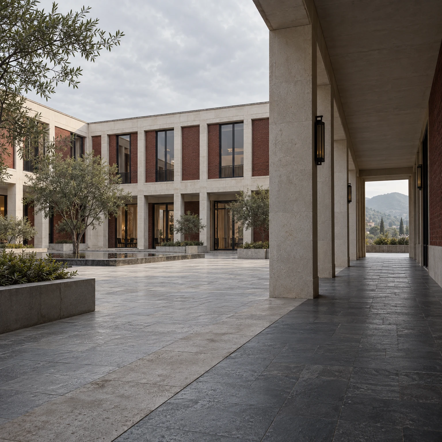 Architectural visualization of a stone and brick campus courtyard