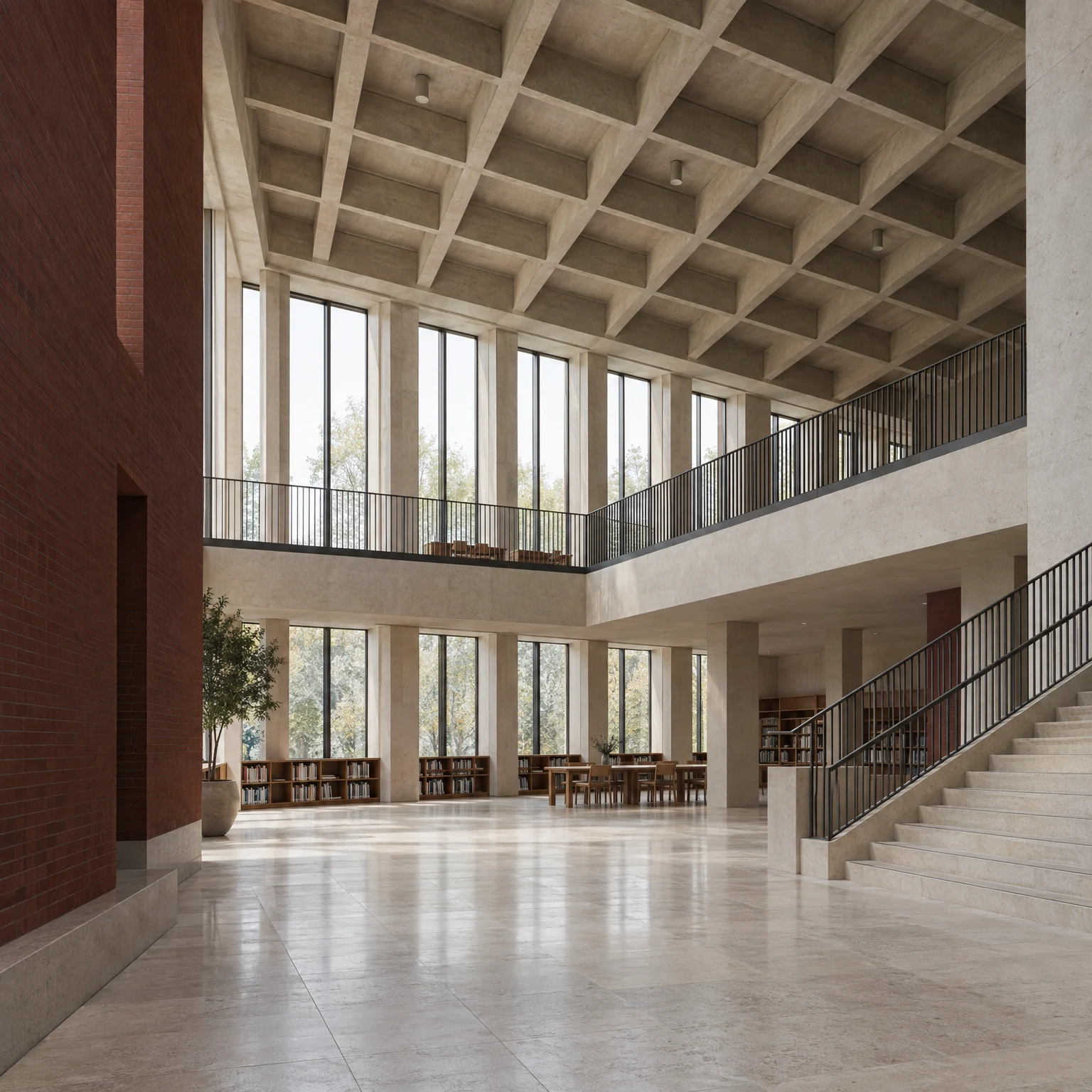 Architectural visualization of a brick and limestone library interior
