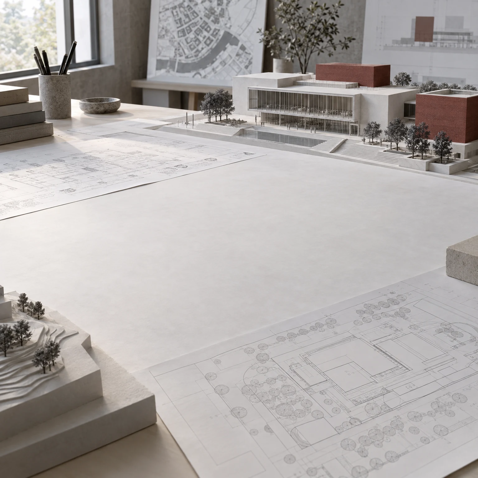 Architectural visualization of a precise building model and drawing sheets